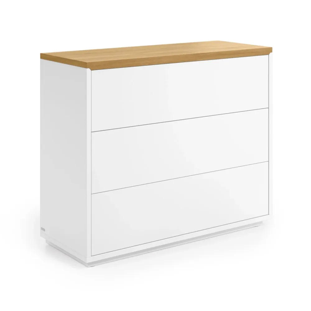 Abilen 3 fiókos tölgyfa furnér és fehér lakkozott komód 90 x 75 cm FSC 100%