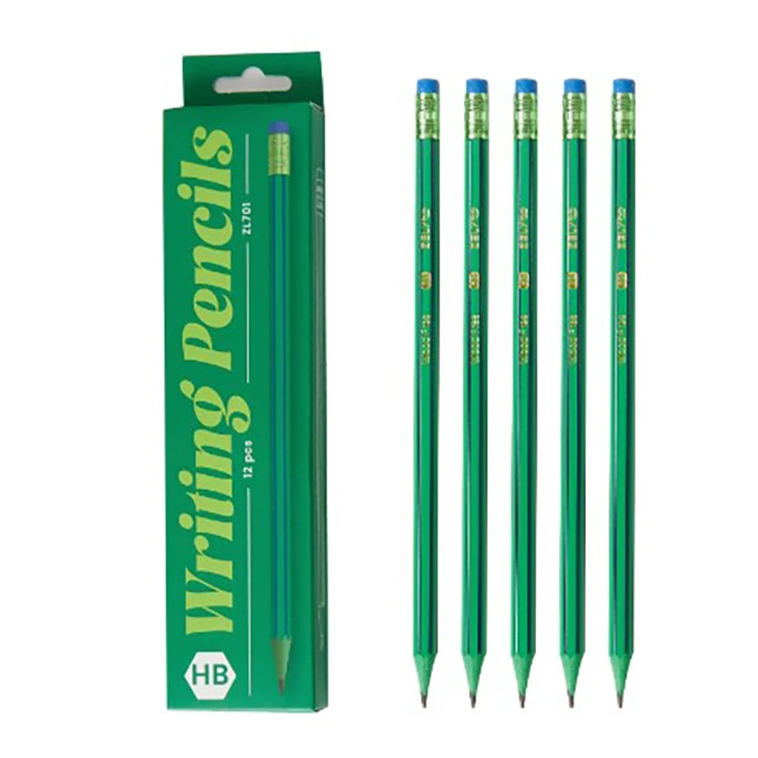 12 db fekete ceruza készlet, Vivimall, HB, iskolai, radírral, zöld-kék mintás, 19 cm