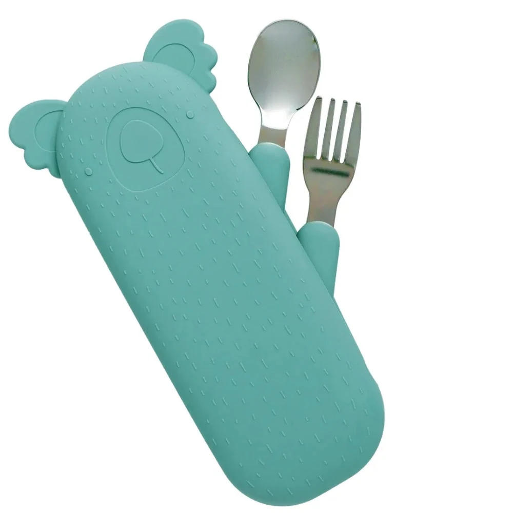 Cotton Cloud gyermek evőeszközök Zoe Koala tokban, tengerzöld színben