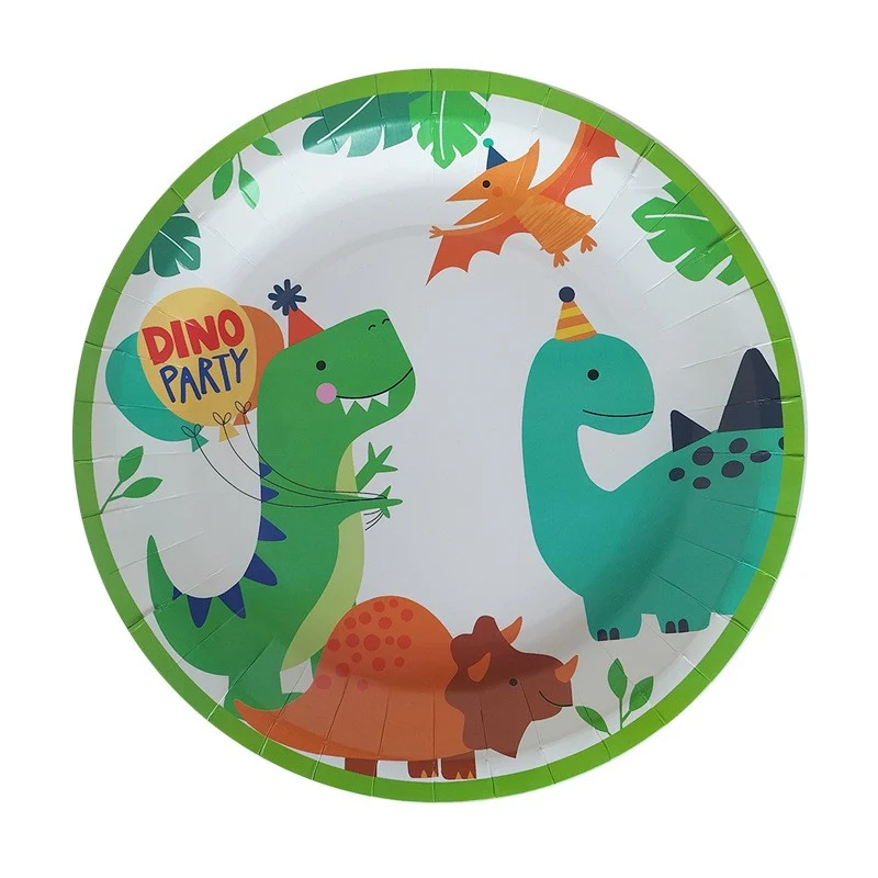 10 darabos Happy Birthday kartontányér szett, Vivimall, 23 cm, születésnapi téma, dinoszaurusz mintás, többszínű