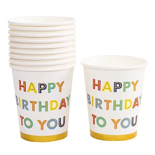 10 darabos pohárkészlet, Vivimall, Happy Birthday to You mintával, karton, 250 ml, 7.5 x 8.5 x 5.2 cm, többszínű