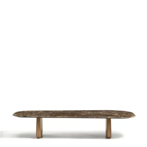 Pirita kávézóasztal barna márványból, tömör tölgyfa lábakkal sötét felülettel 147 x 65cm FSC 100%