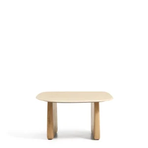 Pirita oldalasztal beige travertinból, tömör tölgyfa lábakkal sötét felülettel 71 x 70cm FSC 100%