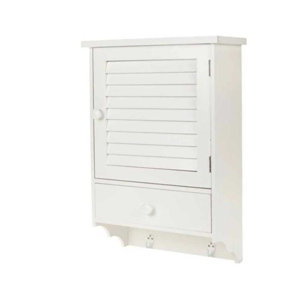 Fehér fa faliszekrény fogassal Lamellás ajtós 38x17,5x56,5 cm